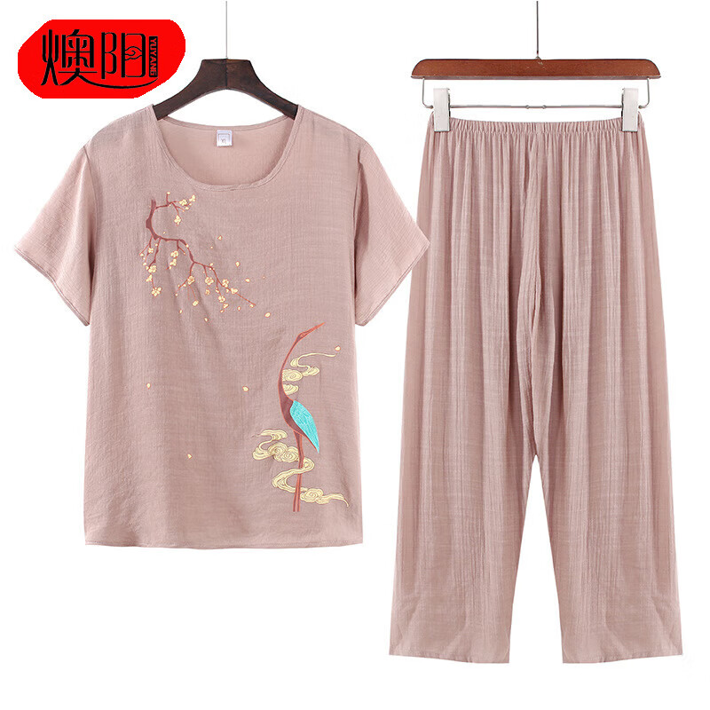 燠阳中老年睡衣女夏季棉麻短袖两件套夏天简约透气上衣裤子外穿家居服 云中鹤卡其色 4XL(建议140-155斤)