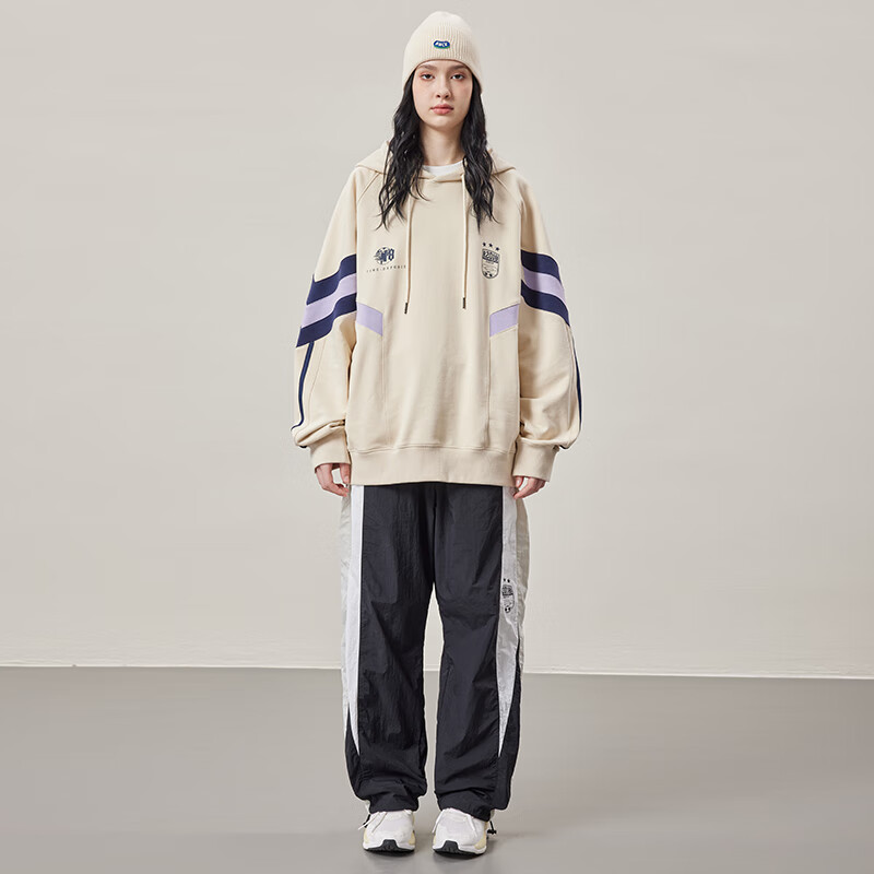 公鸡冠军春季新款卫衣浅杏色男女同款连帽刺绣拼接撞色简约宽松外套 浅杏色 XL