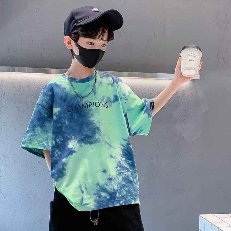 淘尼鼠儿童装男童短袖t恤扎染迷彩夏装2025新款大童t半袖打底夏季运动