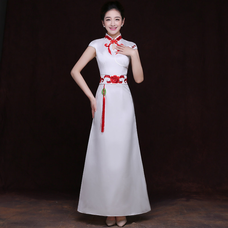 若文礼仪小姐礼服旗袍绣花礼仪长款青花瓷年会礼仪迎宾a摆裙演出服装