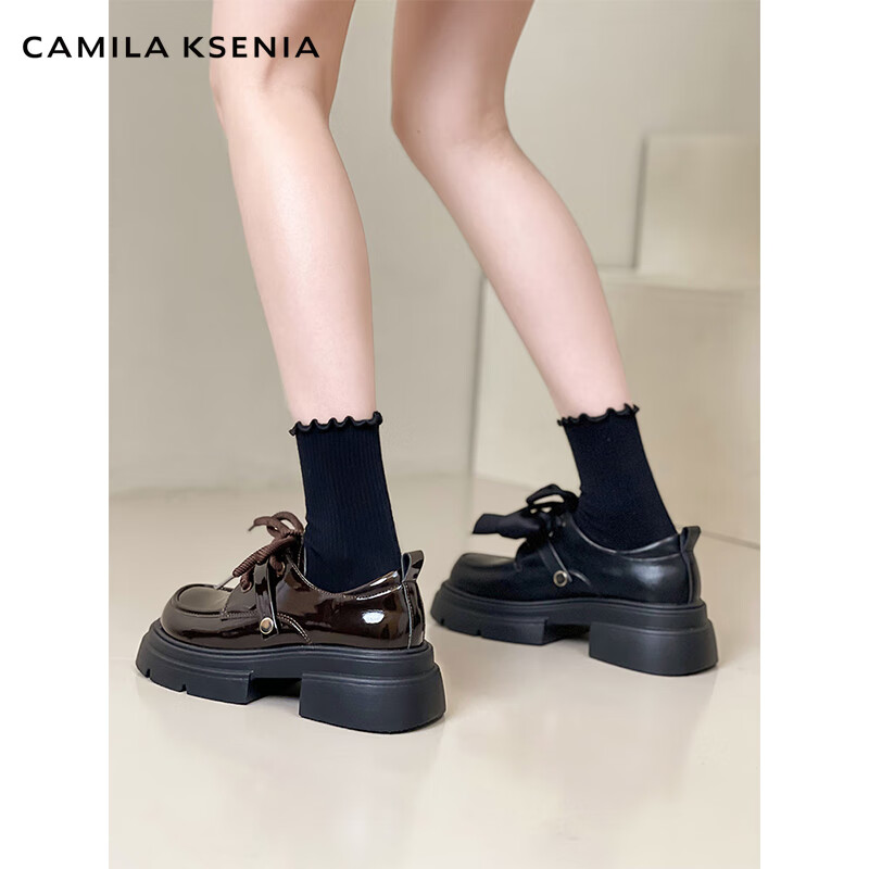 CAMILA KSENIA乐福鞋女夏季2026新款蝴蝶结厚底增高小皮鞋英伦风复古玛丽珍鞋子 亮棕色 37