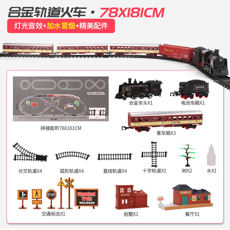 LCF兒童仿真蒸汽合金屬小火車高鐵軌道復(fù)古典電動小火車玩具男孩 合金火車頭客車廂19060-3