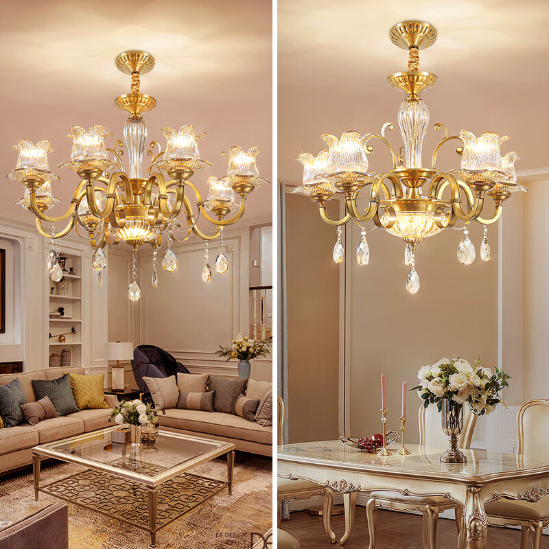 青銅時(shí)代 歐式全銅水晶吊燈客廳臥室餐廳別墅大廳客廳吊燈銅燈中山燈具 [套餐二]全銅燈兩件套