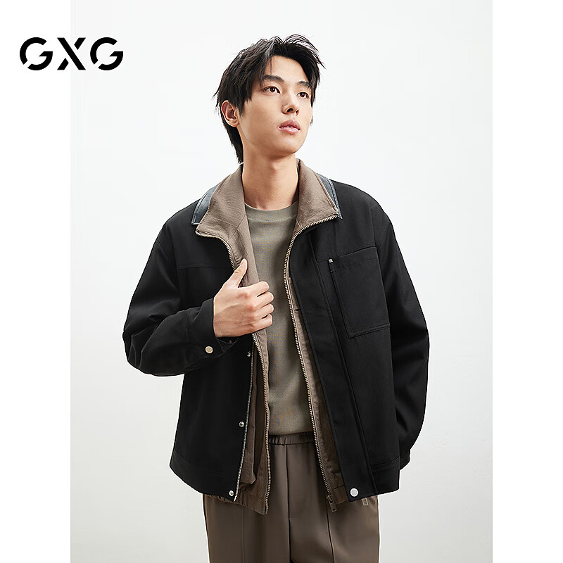 GXG男装PU皮拼接夹克25年春新品翻领夹克时尚宽松外套#G25D211023 黑色 L