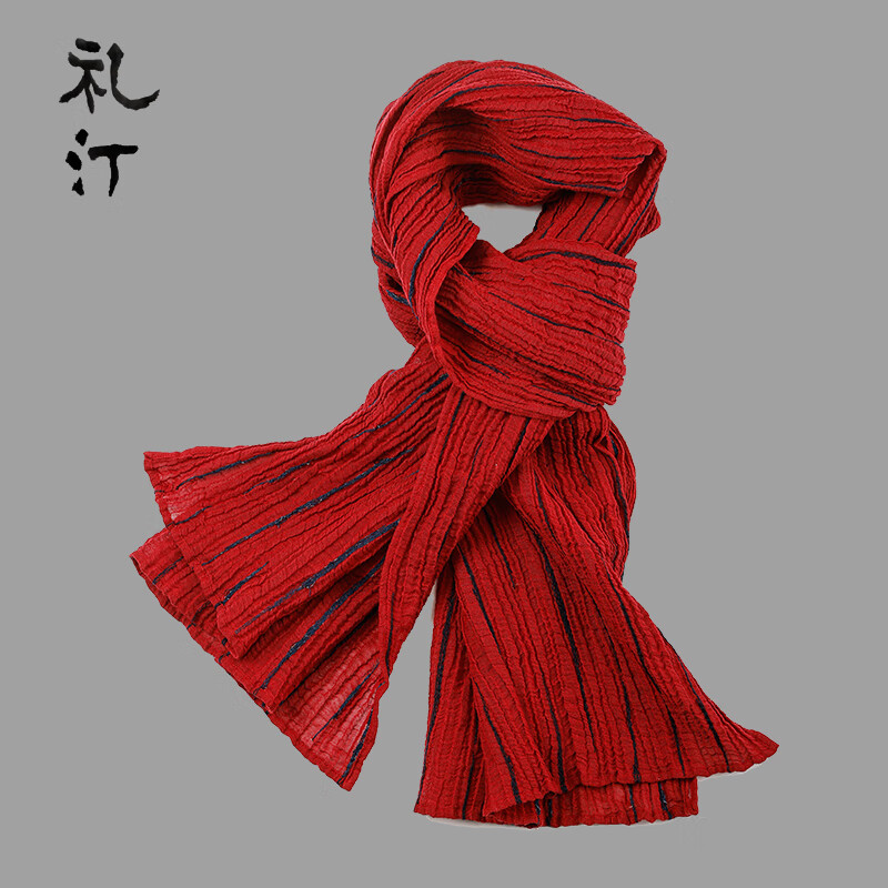 礼汀织就亚麻围巾春秋季男冬季复古文艺男士学生新款围脖护颈礼品 暗红 均码 1个