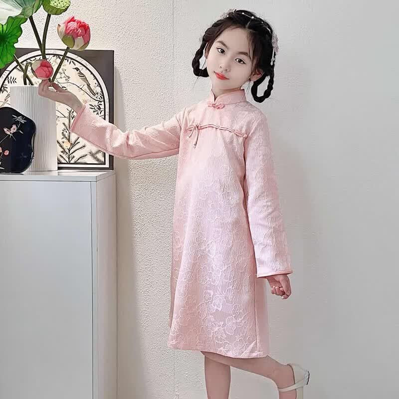 九虞氏儿童唐装旗袍裙女童夏季新中式薄款中国风古装长袖汉服旗袍连衣裙 粉红色 薄款 170 (适合身高156-165cm)
