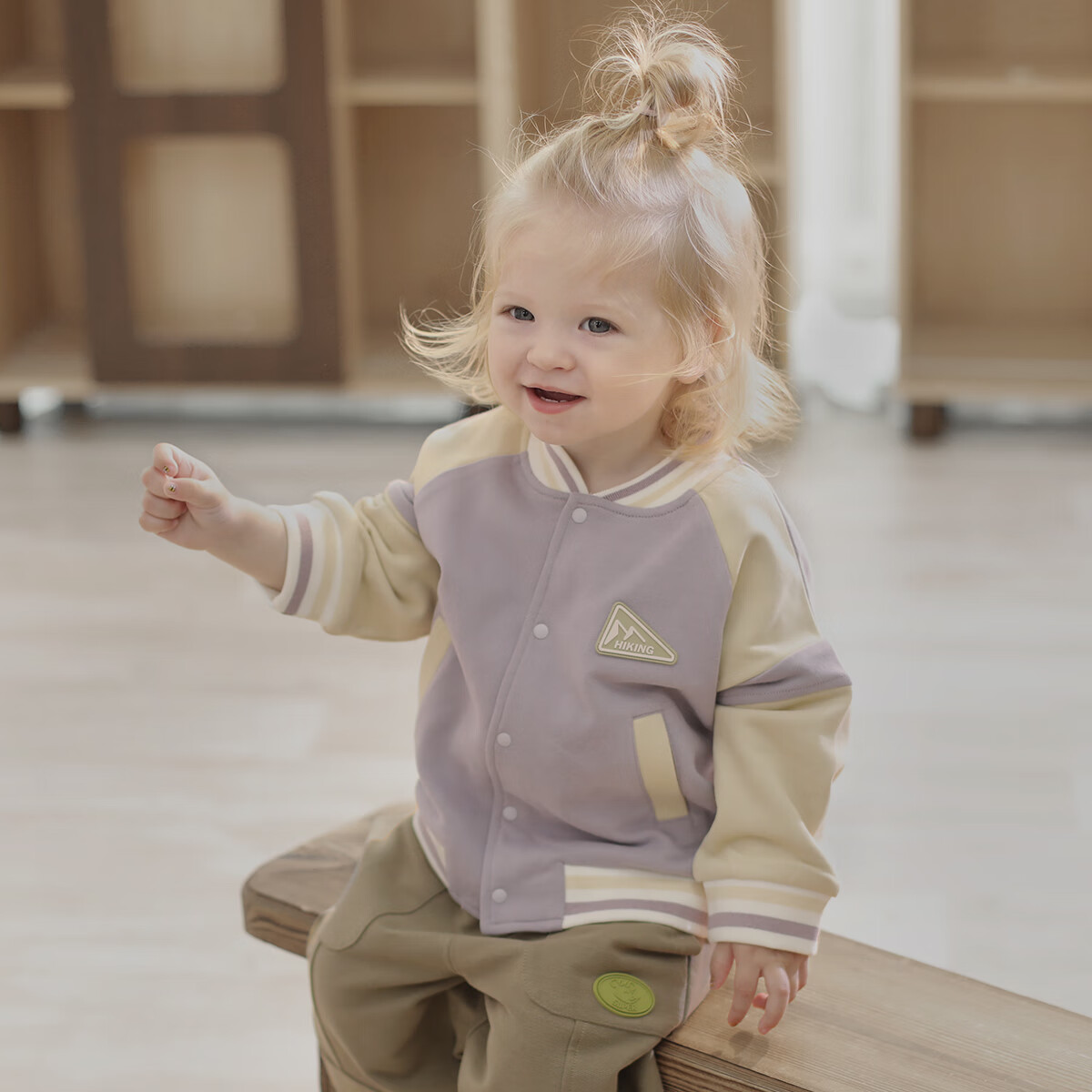 巴厘小猪儿童棒球服男童超洋气上衣2025新款春秋季宝宝开衫卫衣女童外套 灰风铃紫 100