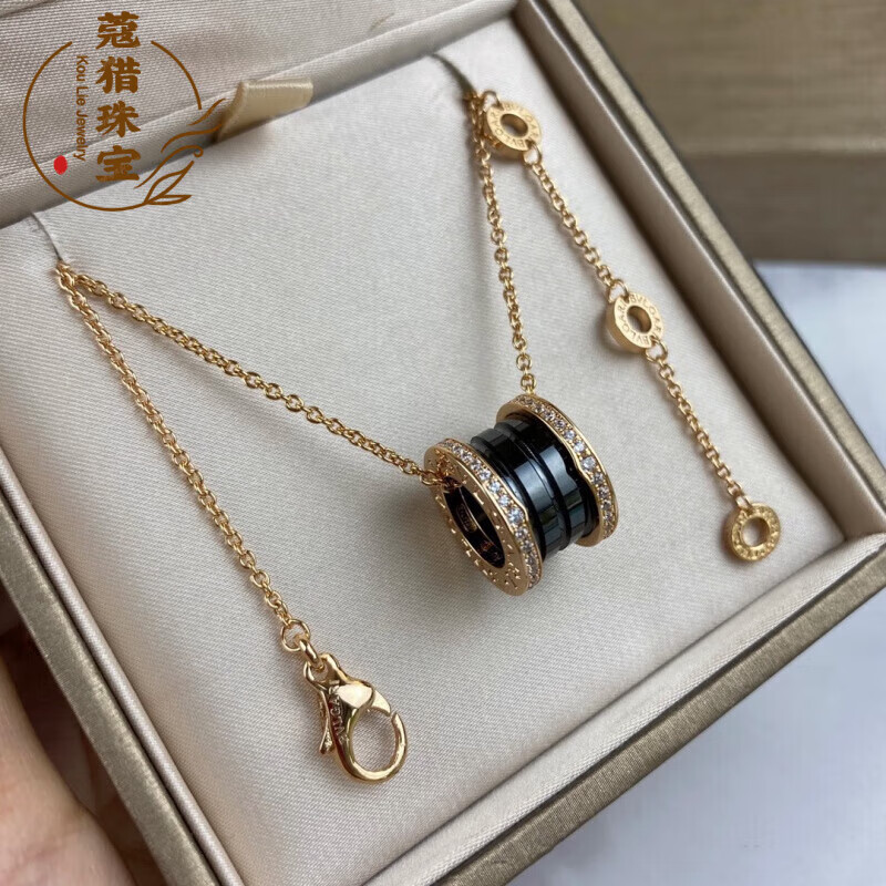 胖东来同款18k金黑陶瓷弹簧项链18k玫瑰金女不掉色小蛮腰满钻慈 黑