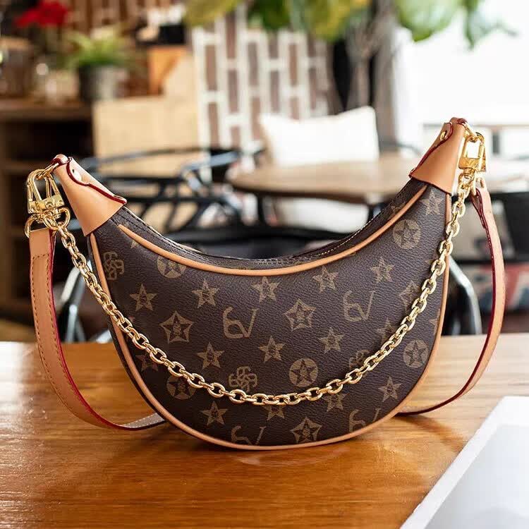 酷奇袋鼠酷奇真皮老花月牙腋下包2025新款高级感链条手提包时尚单肩斜挎包 咖啡色