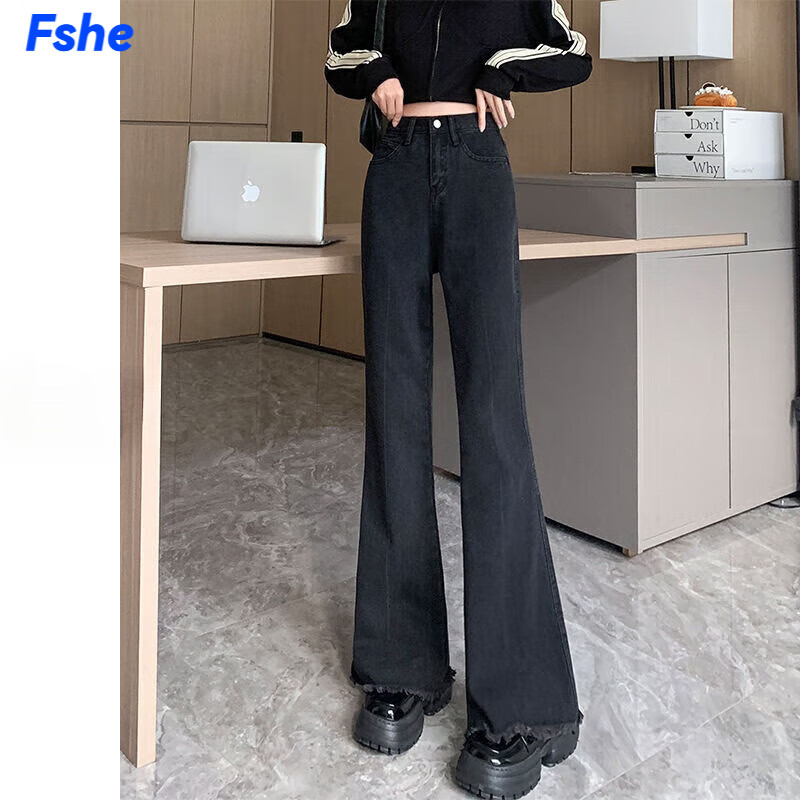FSHE牛仔裤女2025年春秋季新款复古做旧黑色mm梨形显瘦微喇裤马蹄裤女 黑灰色 M [建议95-105斤]