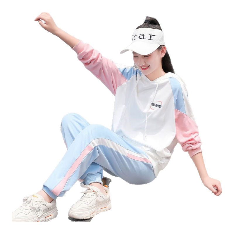 方糖姑娘初中女生春夏套裝女中學生少女兩件套高中生運動服衛(wèi)衣休閑運動褲 21617SC白藍粉上衣+21137套裝 L