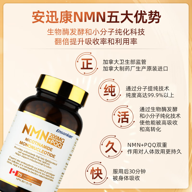 Ensonkan安迅康NMN15000+PQQ胶囊加拿大原装进口β-烟酰胺单核苷酸nad补充 1瓶装【初步调理 日常养护】