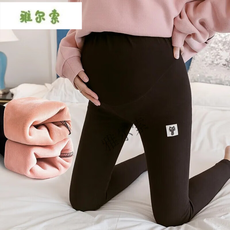 雅尔索孕妇装秋冬季加绒保暖高腰托腹裤春夏款修身打底裤不倒绒外 201黑色小猫裤【加绒】 M80-100斤