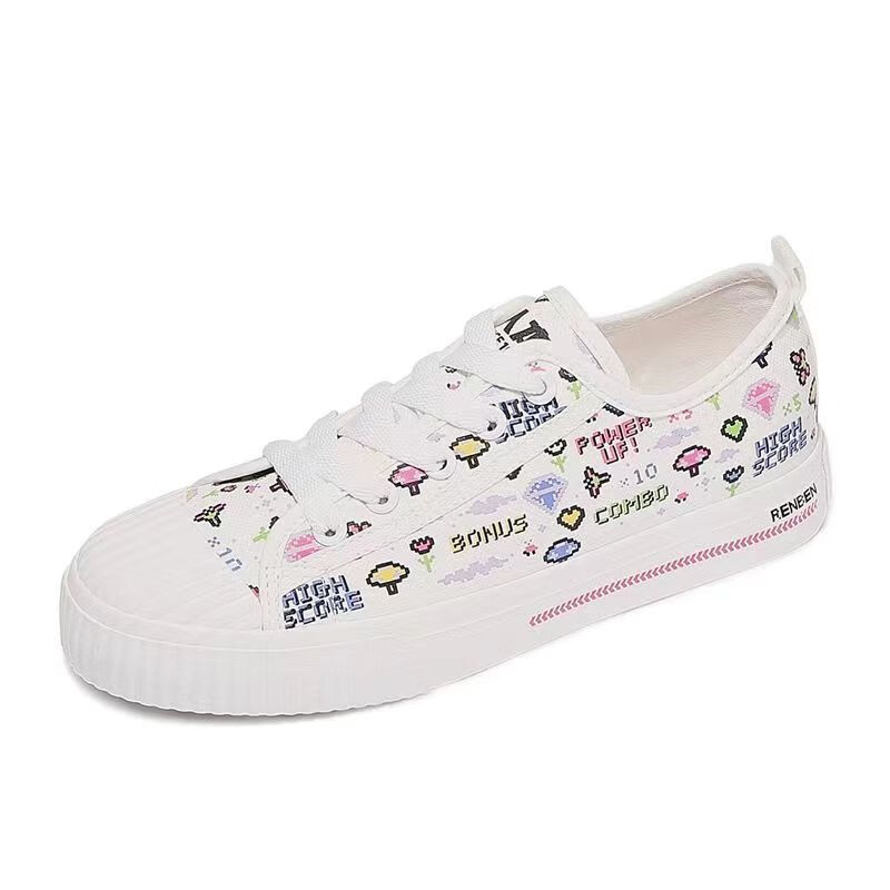 人本（RENBEN）人本像素風(fēng)涂鴉帆布鞋女小眾鞋原創(chuàng  )百搭平底夏季薄款板鞋新款學(xué)生 白色 35