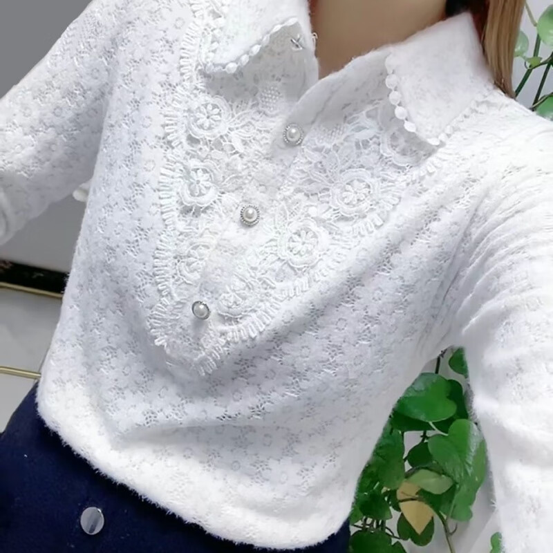 KAHTOP2024秋冬新款蕾絲娃娃領(lǐng)襯衫女長袖內(nèi)搭小衫加絨加厚打底上衣DJC 【791】白色 薄款 S碼(建議85-95斤)