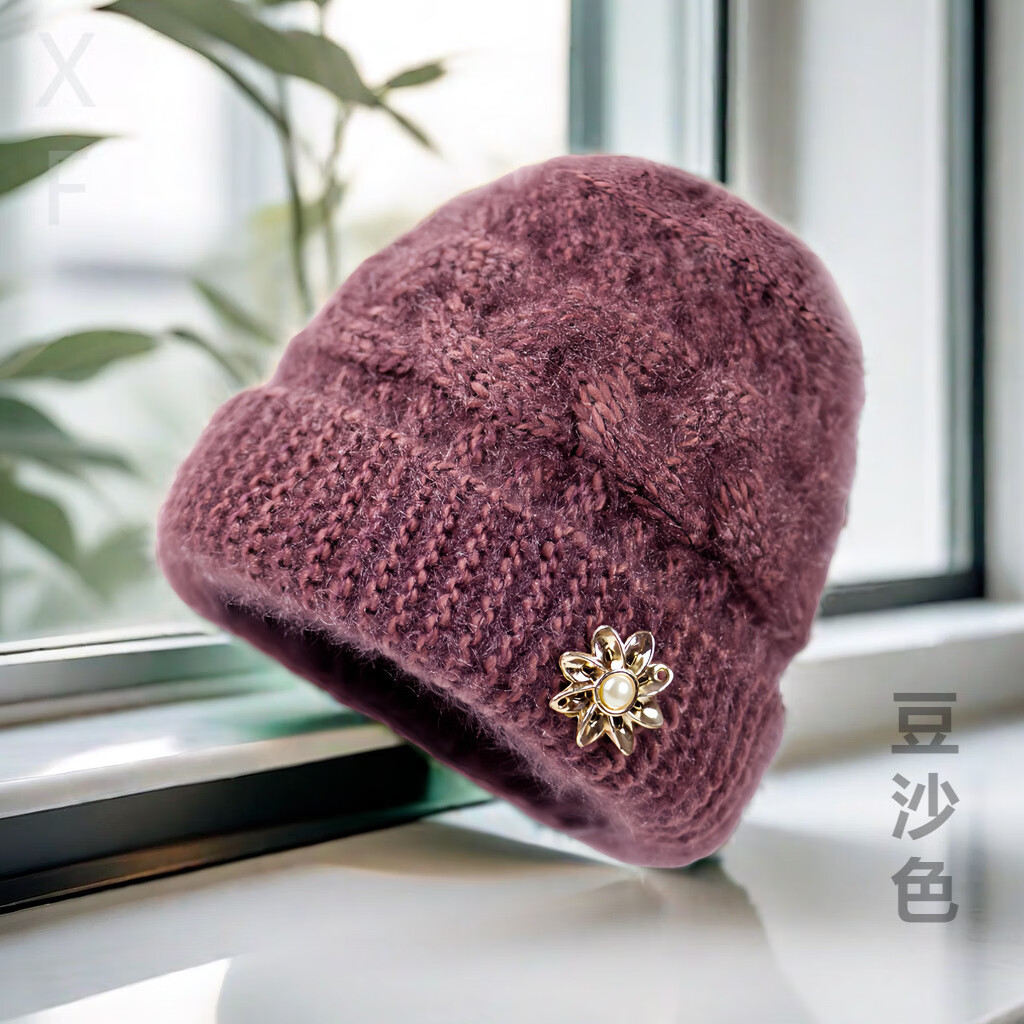 【甄选严选】中老年女士保暖妈妈针织帽子款式经典北极绒内里毛线 酒红色-1个装