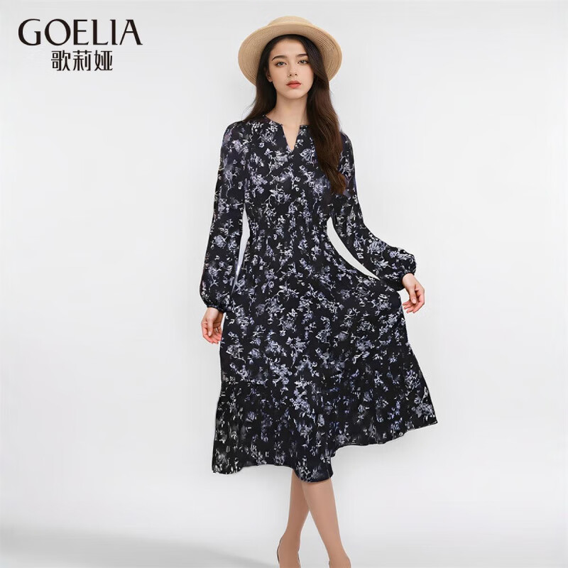 歌莉娅（GOELIA）收腰印花连衣裙1C8G4K0A0 7AD黑色蝶舞玫瑰素描印花 XS