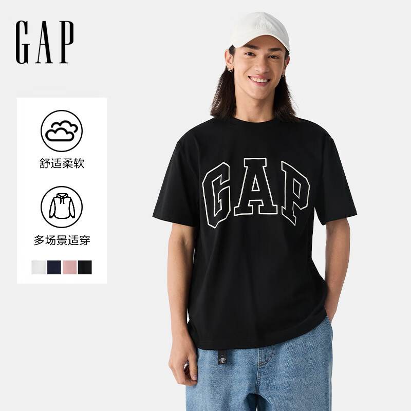 Gap男女装2025春季新款纯棉印花logo短袖T恤宽松休闲上衣725617 黑色 M (170/92A) 亚洲尺码