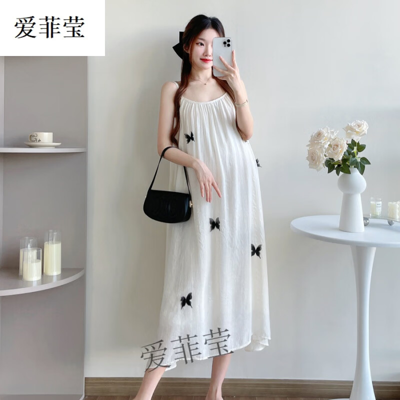 爱菲莹孕妇装夏季时尚连衣裙2025新款立体蝴蝶宽松遮孕肚吊带裙+小开衫 白色吊带裙 M