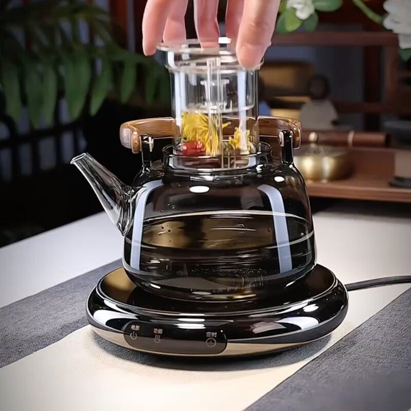 全度耐热玻璃蒸煮一体提梁茶壶2025新款电陶炉煮茶器围炉煮茶壶大容量 木纹把壶灰+鼓韵陶炉黑