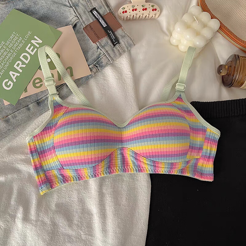 凯媄姻(KAYMIENN)学生少女撞色彩虹条纹多巴胺内衣女聚拢小胸显大性感防下垂文胸罩 绿肩带 70A 32/70AB