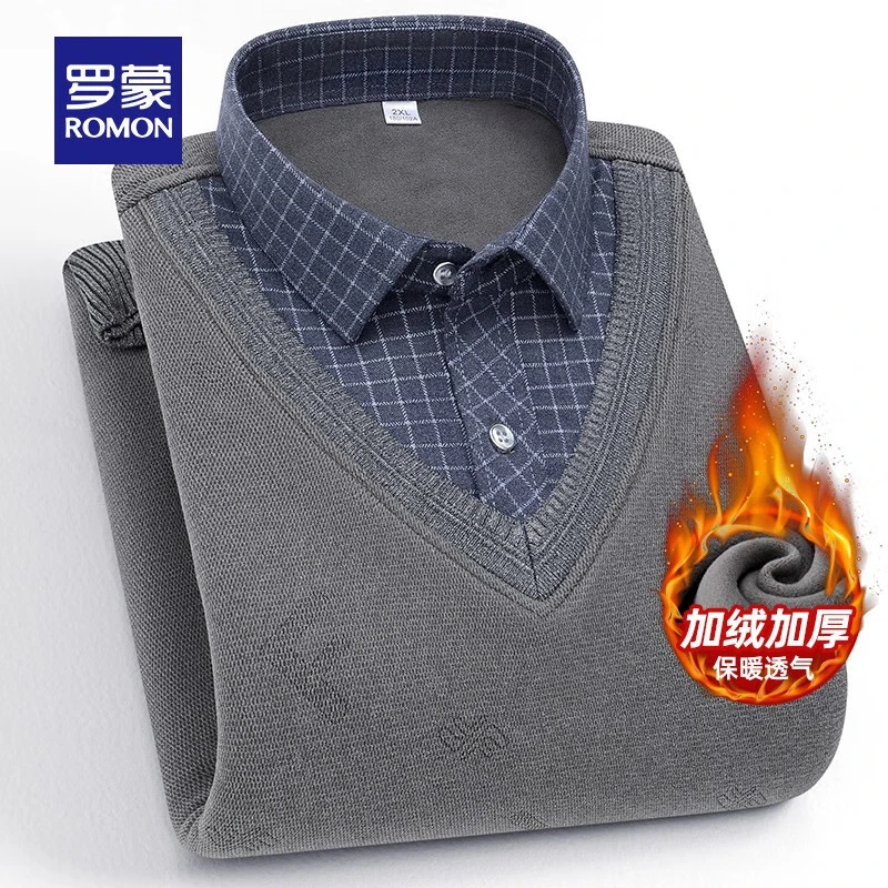 罗蒙(ROMON)加绒加厚保暖针织衫男士冬季中青年衬衫领假两件毛衣打底衫爸爸装 灰色 【加绒款】 2XL (180) (建议150-180斤)