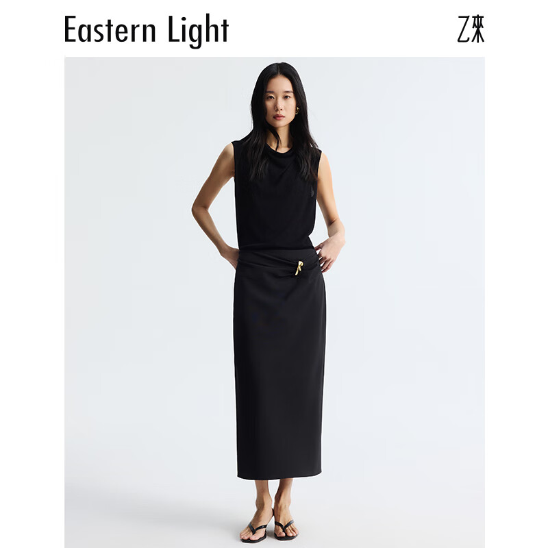 乙来(EASTERN LIGHT)【高品质全消光纱线面料】直筒H型半身裙女装夏季新款高级感裙子 优雅黑 L