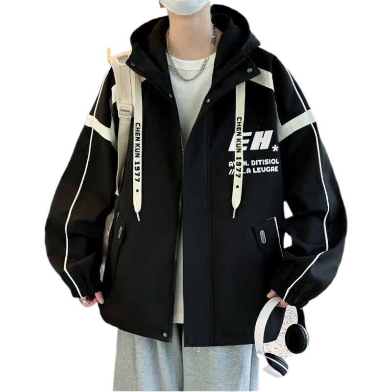 春秋季外套男青少年帥氣夾克大童初高中學(xué)生潮流休閑連帽夾克男裝 黑色【春秋】 薄款 L 建議90115斤