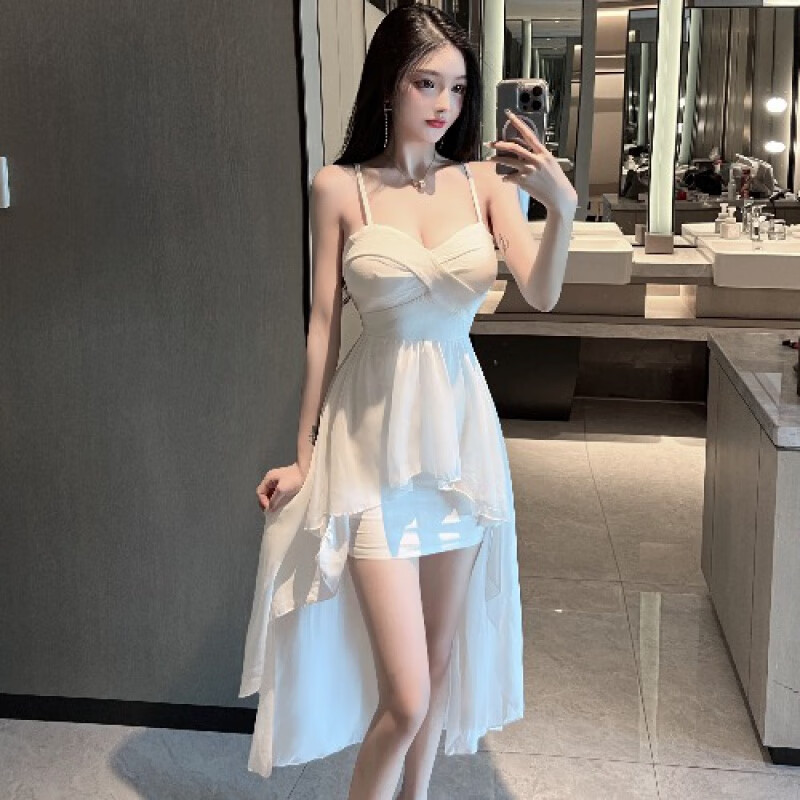 創(chuàng)京懿選2025夏季夜場(chǎng)超仙女燕尾宴會(huì)晚禮服性感氣質(zhì)中長(zhǎng)裙吊帶抹胸連衣裙 白色 S