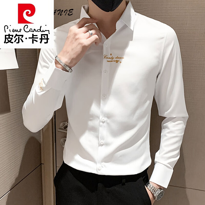 皮尔卡丹(pierre cardin)高档品牌设计感衬衫男士长袖高级感痞帅修身轻奢高端潮牌刺绣衬衣 gam-193刺绣长袖衬衫白色 M (体重120斤及以下)