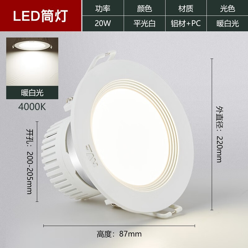 雷俊照明LED筒燈12天花燈嵌入式吊頂開孔7.5公分8簡燈射燈家用3W5 20W-暖白