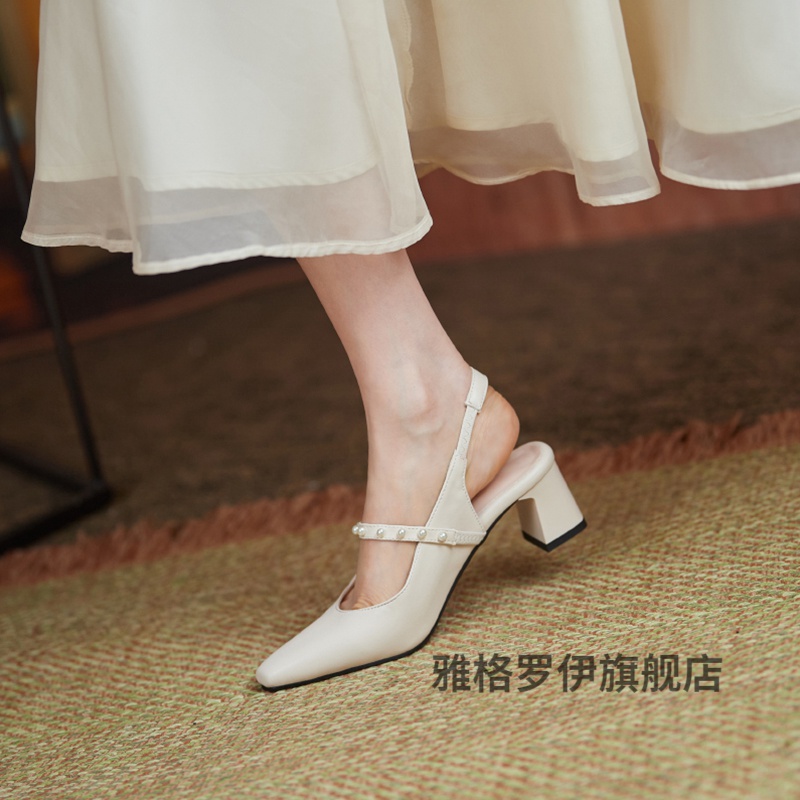 码女鞋323334凉鞋高跟仙女风包头女法式小方头淑女大码41—43 米白色