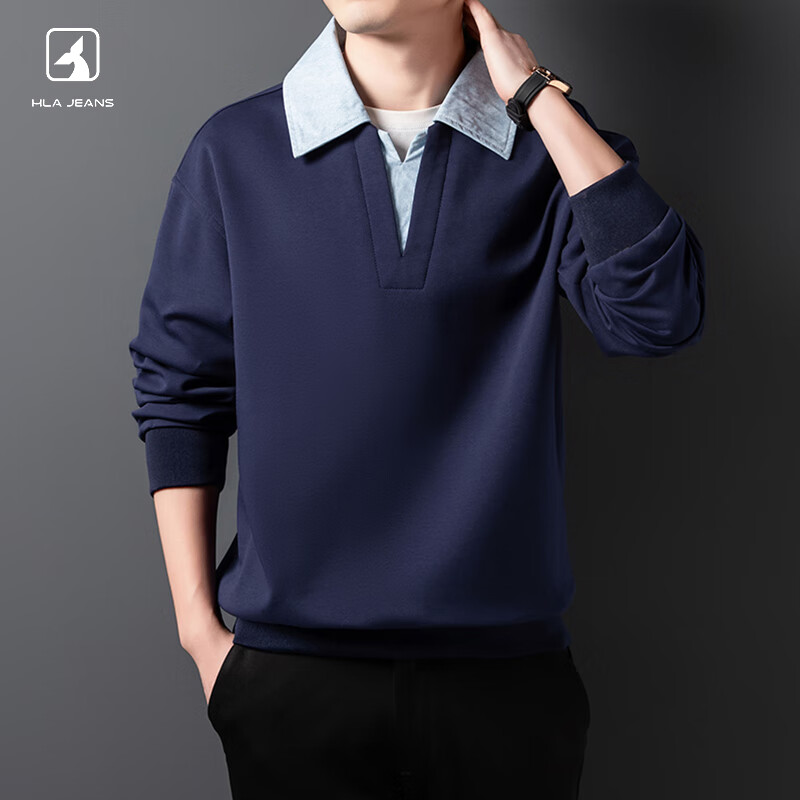 黑鲸男士卫衣春秋款假两件V领长袖高端休闲男装上衣 白色 2XL