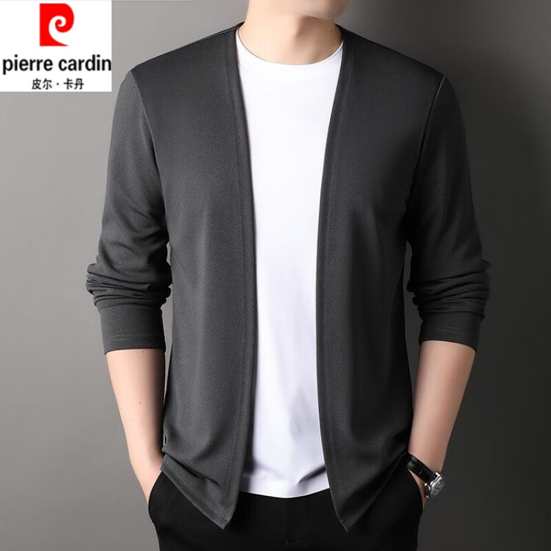 皮尔卡丹春秋季纯色开衫男士潮流针织衫外穿中青年休闲宽松薄款披肩外套男 杏色7686 XL 175【建议130至148斤】
