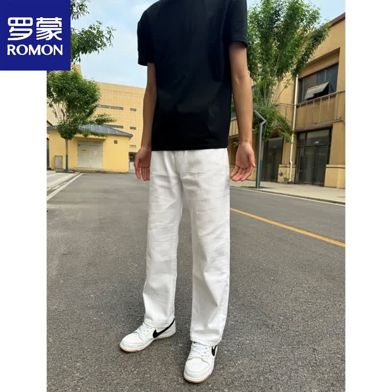 罗蒙（ROMON）男夏季薄款宽松直筒休闲长裤垂坠感美式修身显瘦裤子 白色 L 体重120-135斤