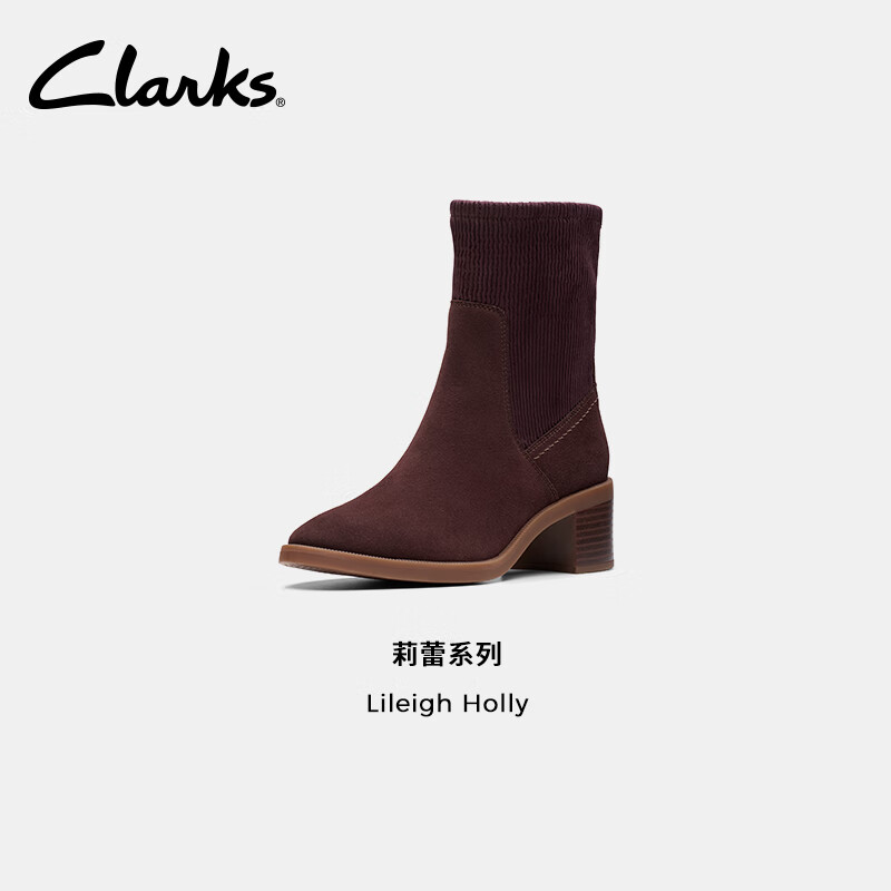 Clarks其乐Lileigh系列新品女士秋冬英伦粗高跟中筒袜靴 深棕色261796394 37