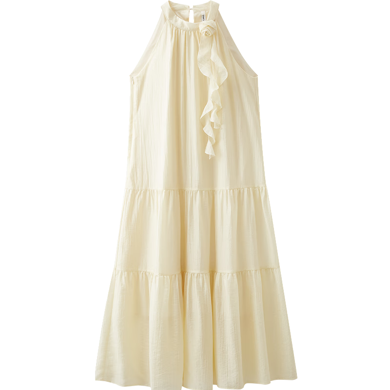 三福仙女裙连衣裙2025夏季玫瑰飘带挂脖宽松长裙气质裙子女装498358 奶油色 S