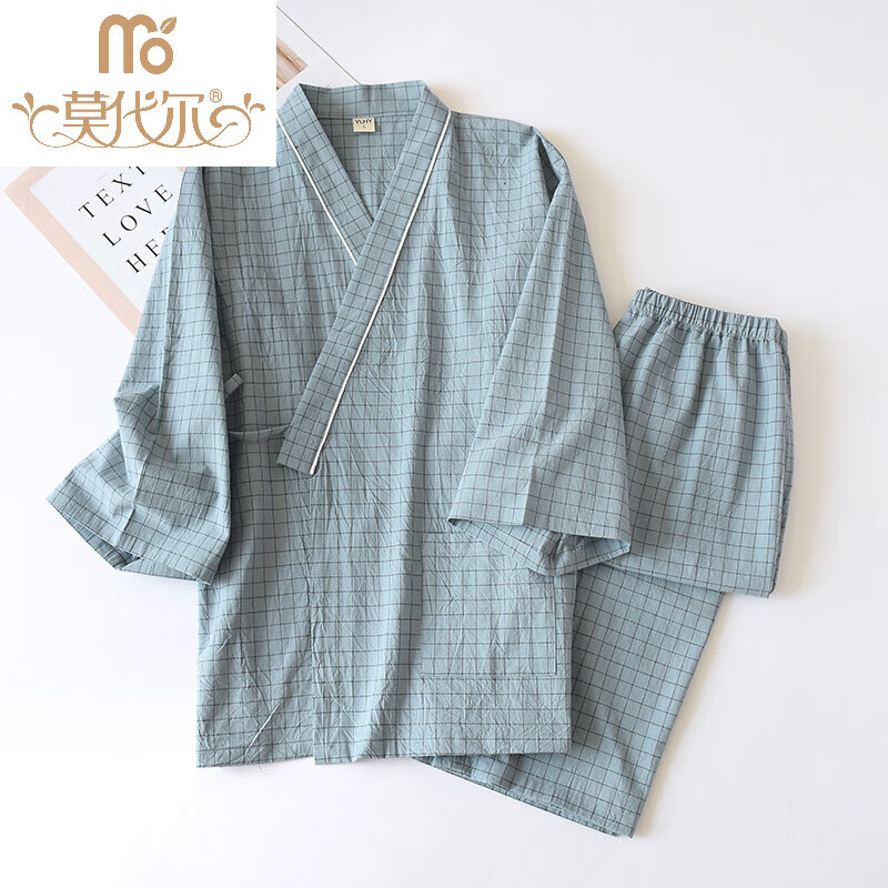 莫代爾日式純棉紗布和服春秋男士格子家居服套裝浴袍汗蒸服綁帶睡衣 藍色格子 XL