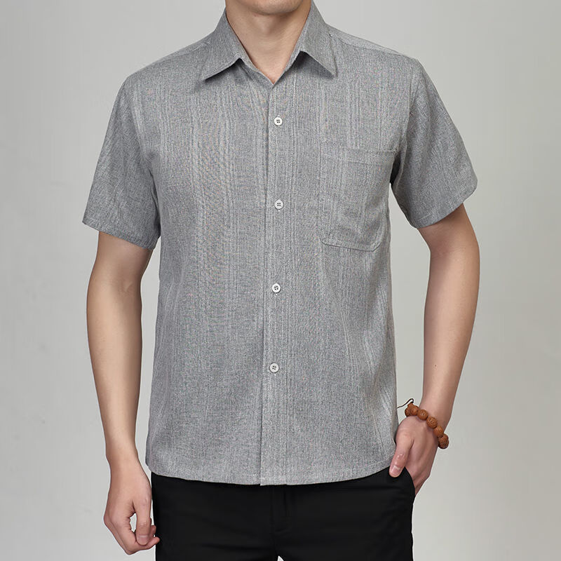 月袖爸爸短袖衬衫夏季薄款超柔宽松开衫男士中老年加大码休闲爷爷上衣 白灰(仿麻) 39 165(建议95-119斤)