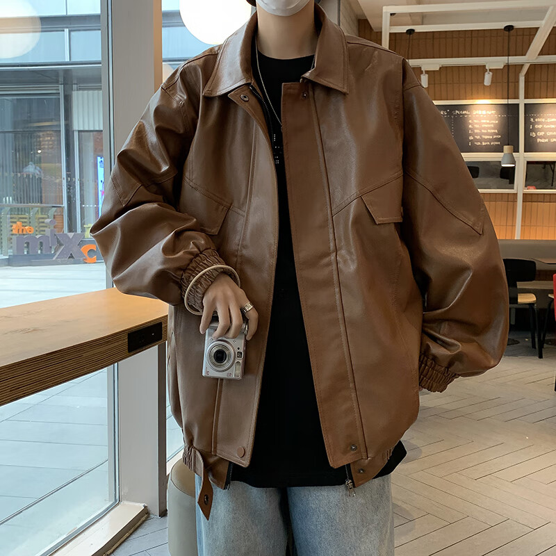 impresswit美拉德穿搭男士棕色复古机车皮衣夹克春秋季美式宽松痞帅