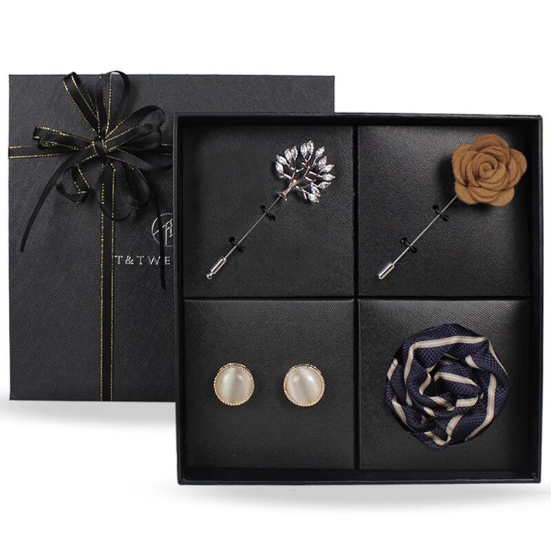 T&Twenties法式袖扣领带夹套装礼盒 男士法式衬衣袖钉衬衫袖口钉cufflinks 06#金色猫眼袖扣套盒