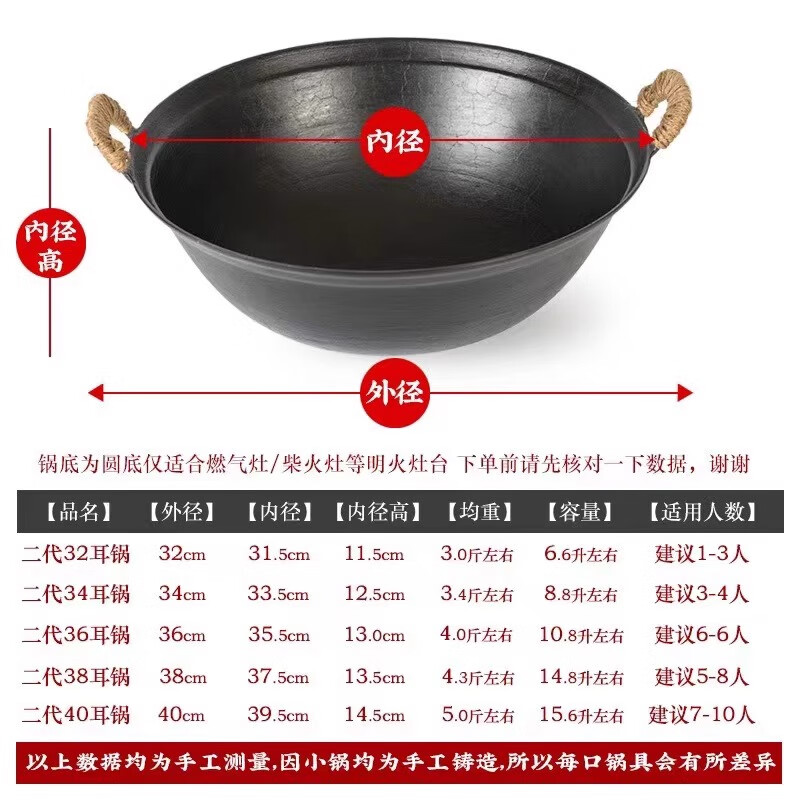 cmlziua传统老式双耳铸生铁锅无涂层家用炒菜加厚农村柴火灶燃气大炒菜锅 32cm古法手工款 （已开锅） 32cm