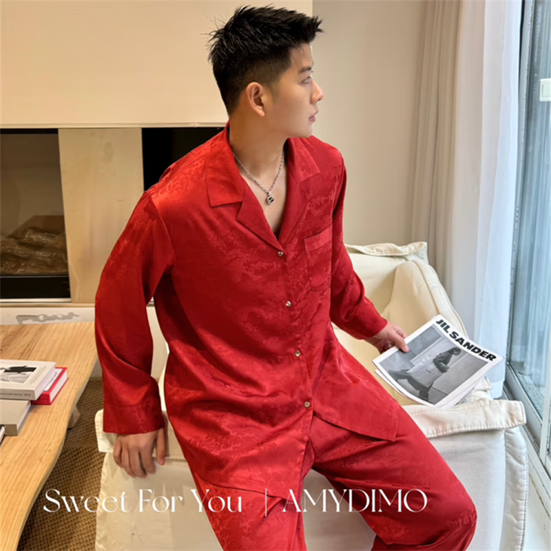 艾缇贝丽amydimo红色结婚情侣睡衣长袖长裤蕾丝黑色家居服 红色-女款 M
