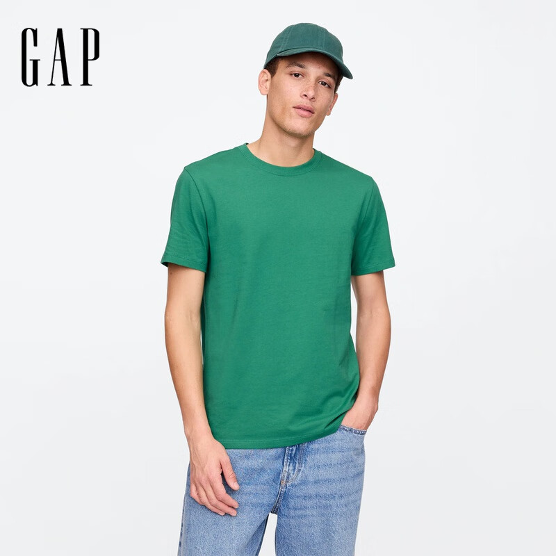 GAP男女装2025春季新款纯棉基础款常规圆领短袖T恤上衣美版842063 绿色 XS 美码 S亚洲码175/88A