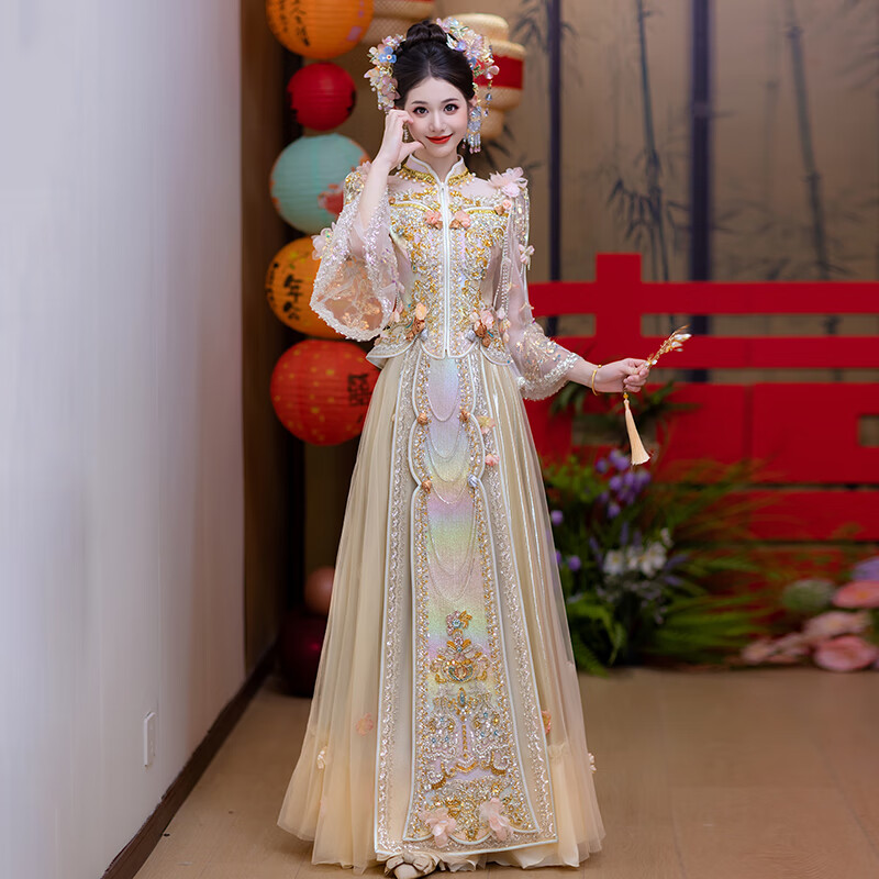 泰勒馬丁香檳色秀禾服新娘2025新款新中式結(jié)婚禮服敬酒服古裝嫁衣婚禮服 HF035 L