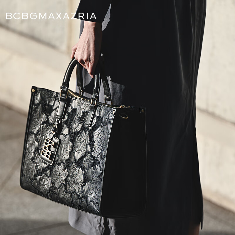 BCBG Max Azria【头层牛皮玫瑰雕花】手提女包轻奢大牌托特包2026新款单肩斜挎包 黑色(京仓直发)