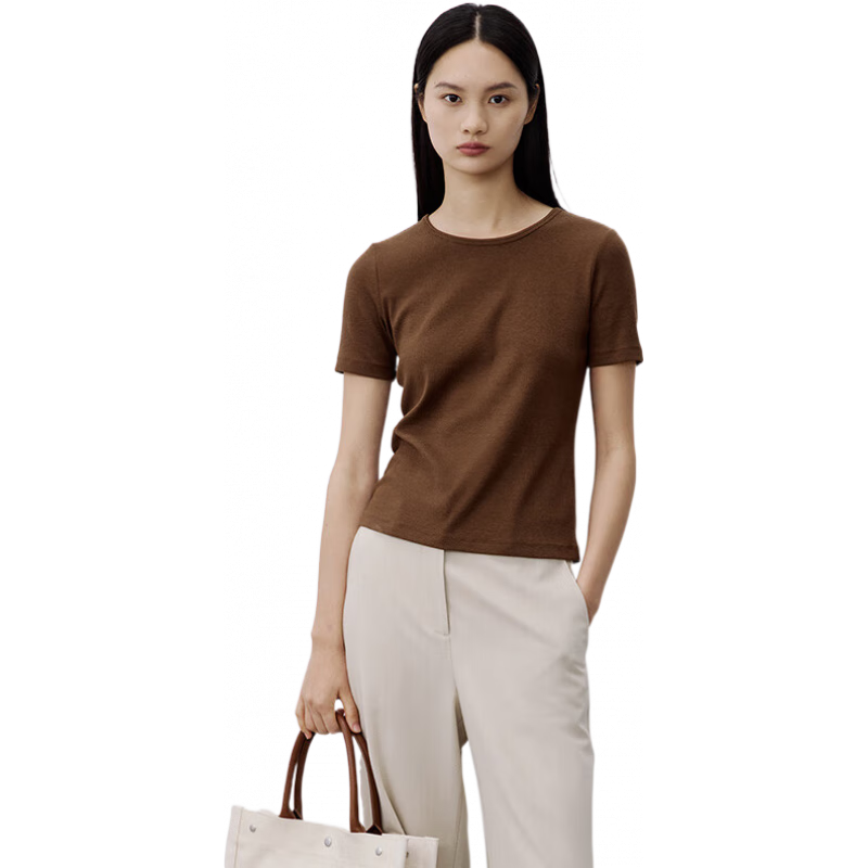 Marc O’Polo/MOP【品牌經(jīng)典系列】純色圓領(lǐng)坑條偏修身短袖T恤女士 棕色761 M /170