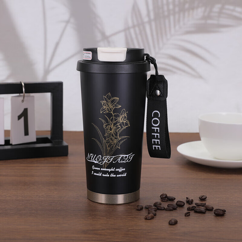 简尚恩铃兰花保温杯女生高颜值双饮咖啡杯办公室316不锈钢礼品水杯信 黑盖+黑色杯体+吊带 530ml