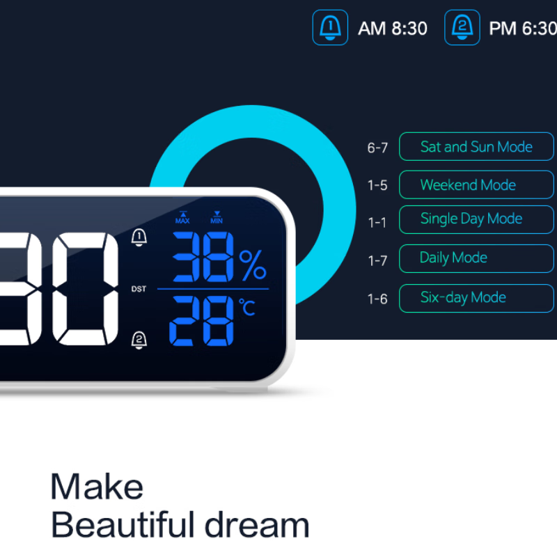 创意多功能电子闹钟LED静音电子钟镜面学生时钟创意座钟贪睡功能 8820A白色