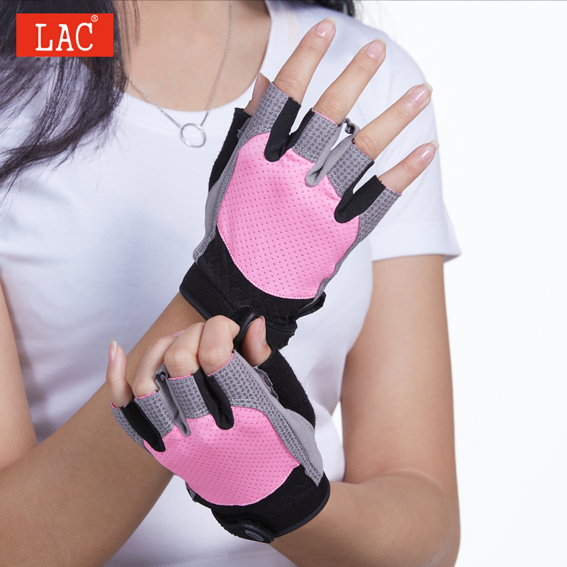 LAC透气防滑半指健身手套 女男护腕哑铃器械训练运动手套 锻炼骑行手套 粉色S码